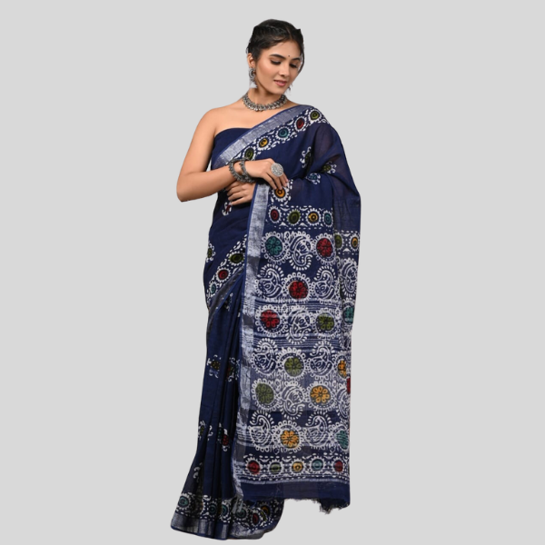 Indigo Multi Linen cotton sarees with blouse Bagru hand block printed