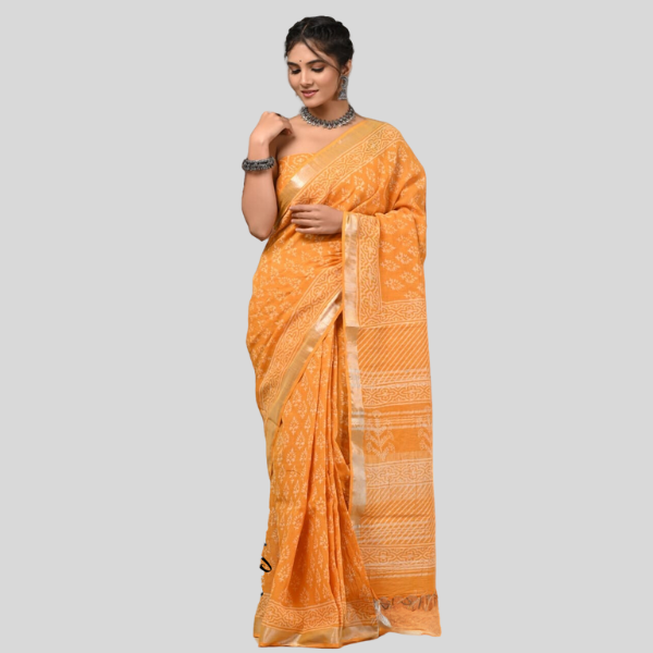 Mustard Linen cotton sarees with blouse Bagru hand block printed