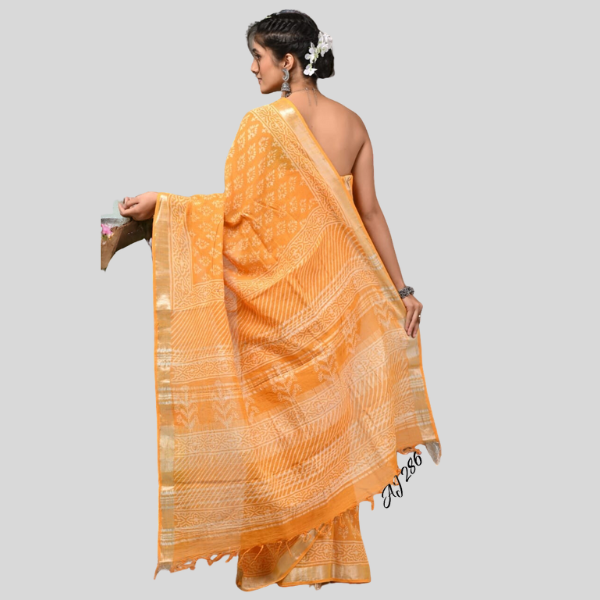 Mustard Linen cotton sarees with blouse Bagru hand block printed