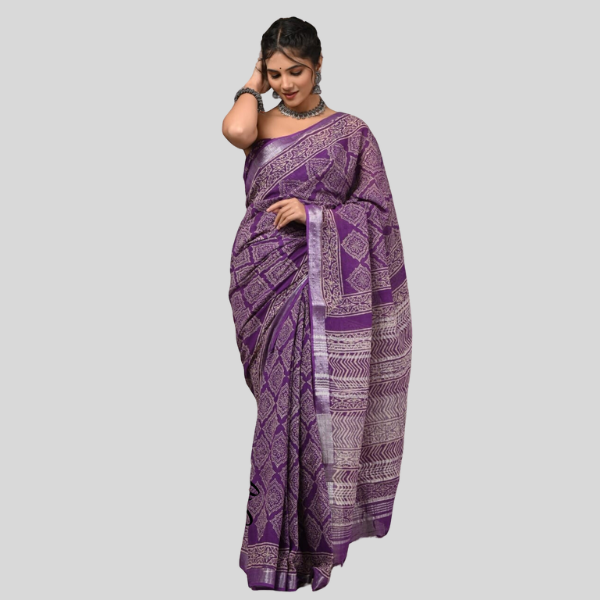 Purple Linen cotton sarees with blouse Bagru hand block printed