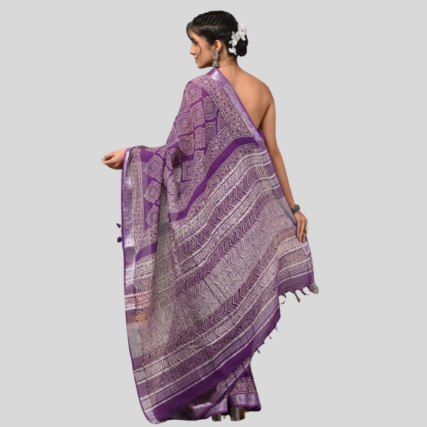 Purple Linen cotton sarees with blouse Bagru hand block printed