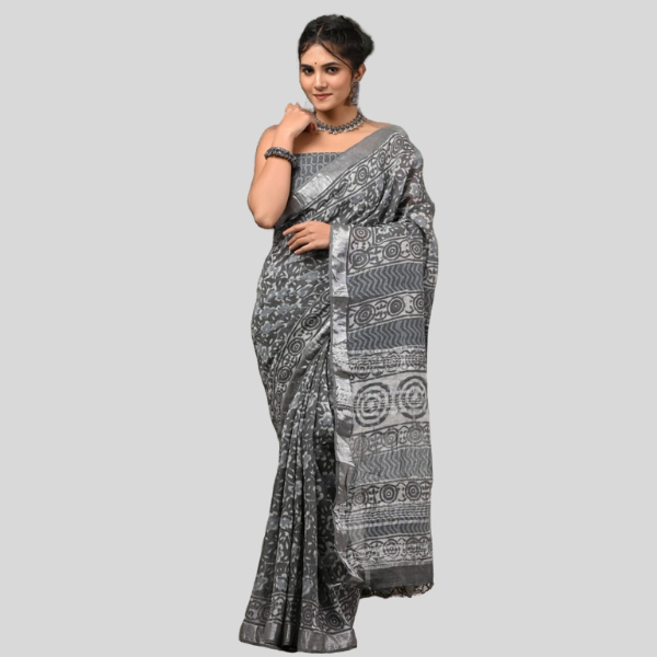 Dark Gray  Linen cotton sarees with blouse Bagru hand block printed