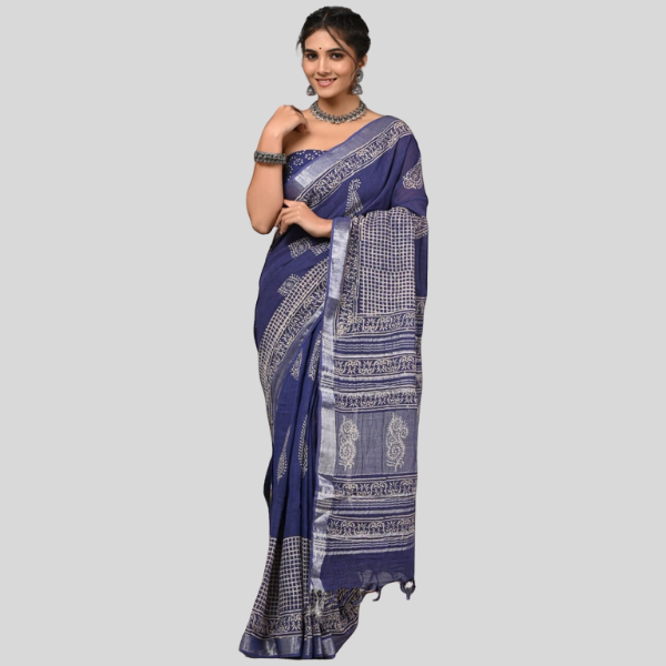 Dark Indigo Linen cotton sarees with blouse Bagru hand block printed