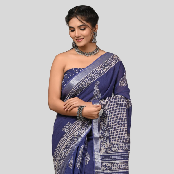 Dark Indigo Linen cotton sarees with blouse Bagru hand block printed