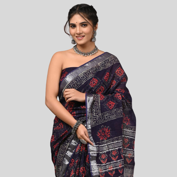 Dark Nevi Blue Linen cotton sarees with blouse Bagru hand block printed