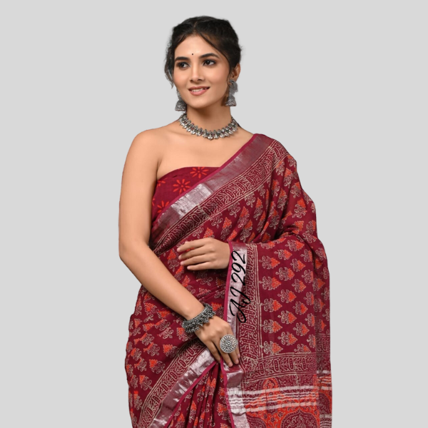 Dark Brown Red with Orange Linen cotton sarees with blouse Bagru hand block printed