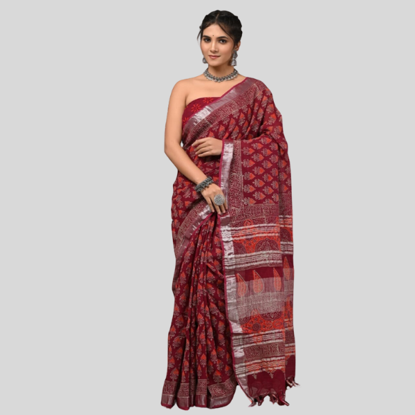 Dark Brown Red with Orange Linen cotton sarees with blouse Bagru hand block printed