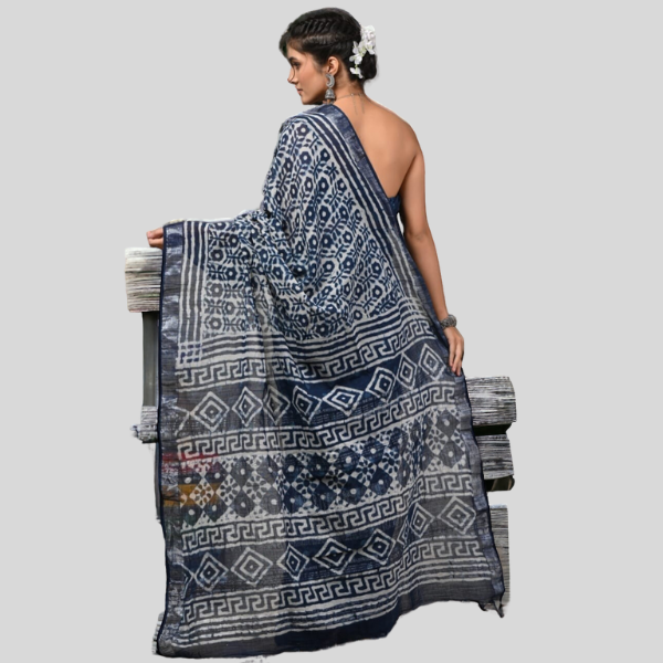 Indigo white Linen cotton sarees with blouse Bagru hand block printed