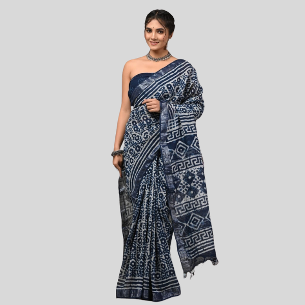 Indigo white Linen cotton sarees with blouse Bagru hand block printed