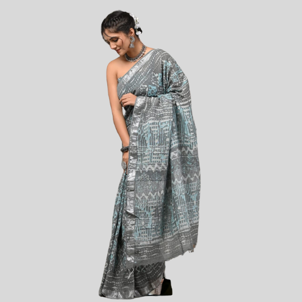 Gray sky Linen cotton sarees with blouse Bagru hand block printed