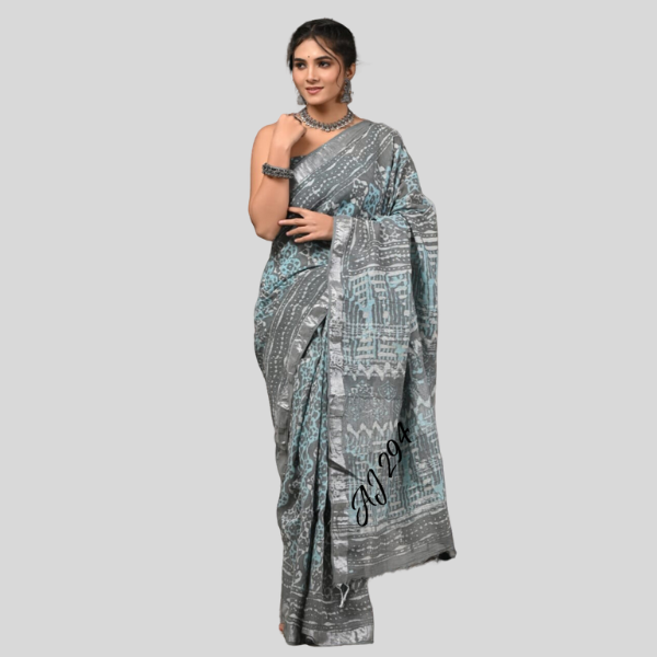 Gray sky Linen cotton sarees with blouse Bagru hand block printed