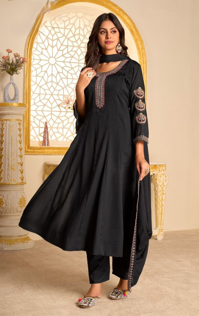 Anarkali Kurta With Bottom and Dupatta| Ready To Wear|Georgette Black Suit with Embroidered