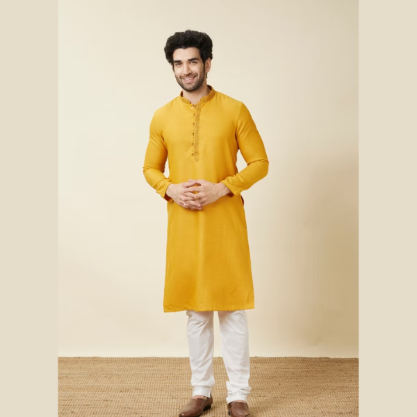 Manyawar Amber Orange Embroidered Bandhgala Kurta Set