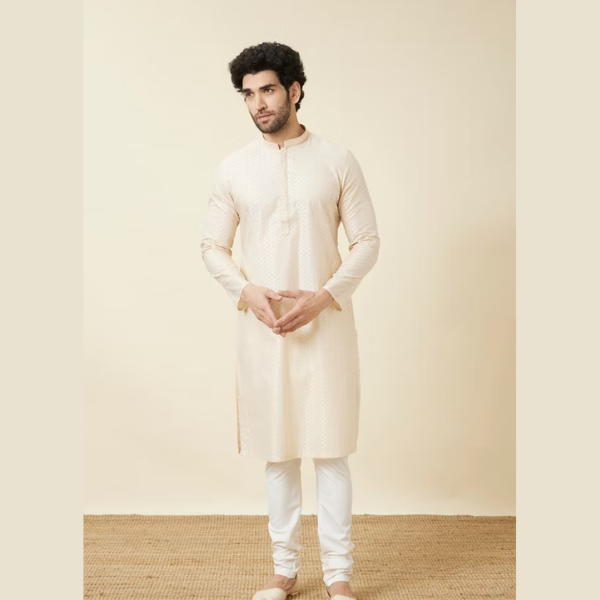 Manyawar Antique White Leaf Patterned Kurta Set