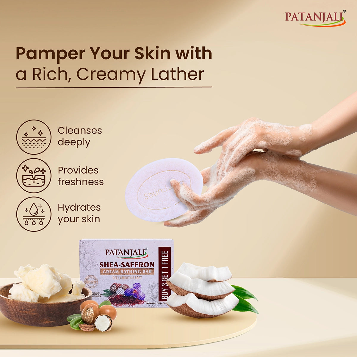 Patanjali Shea- Safron Cream Bathing Bar 125g*3 - 375 gms