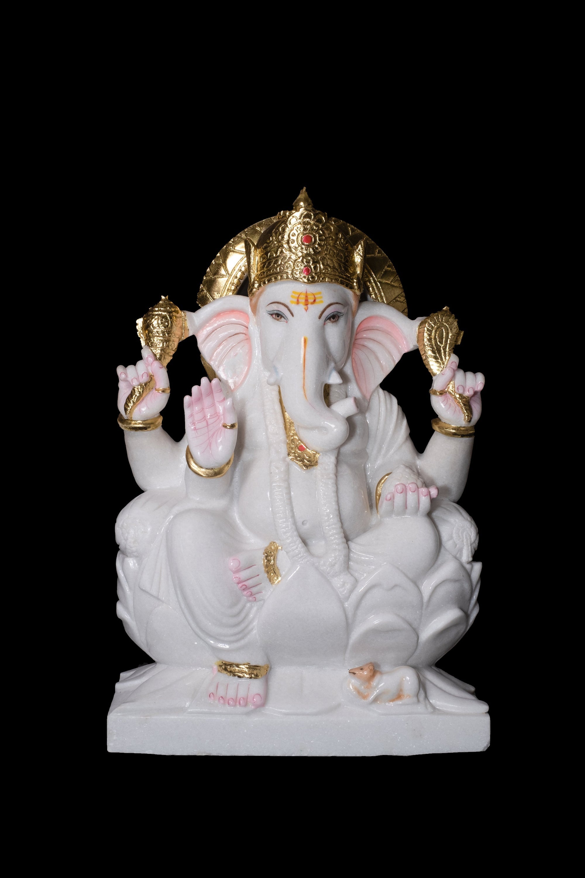 Vietnam Marble Ganesh Ji Statue Sitting On Lotus For Temple Pooja - 30 x 20 x 8inches