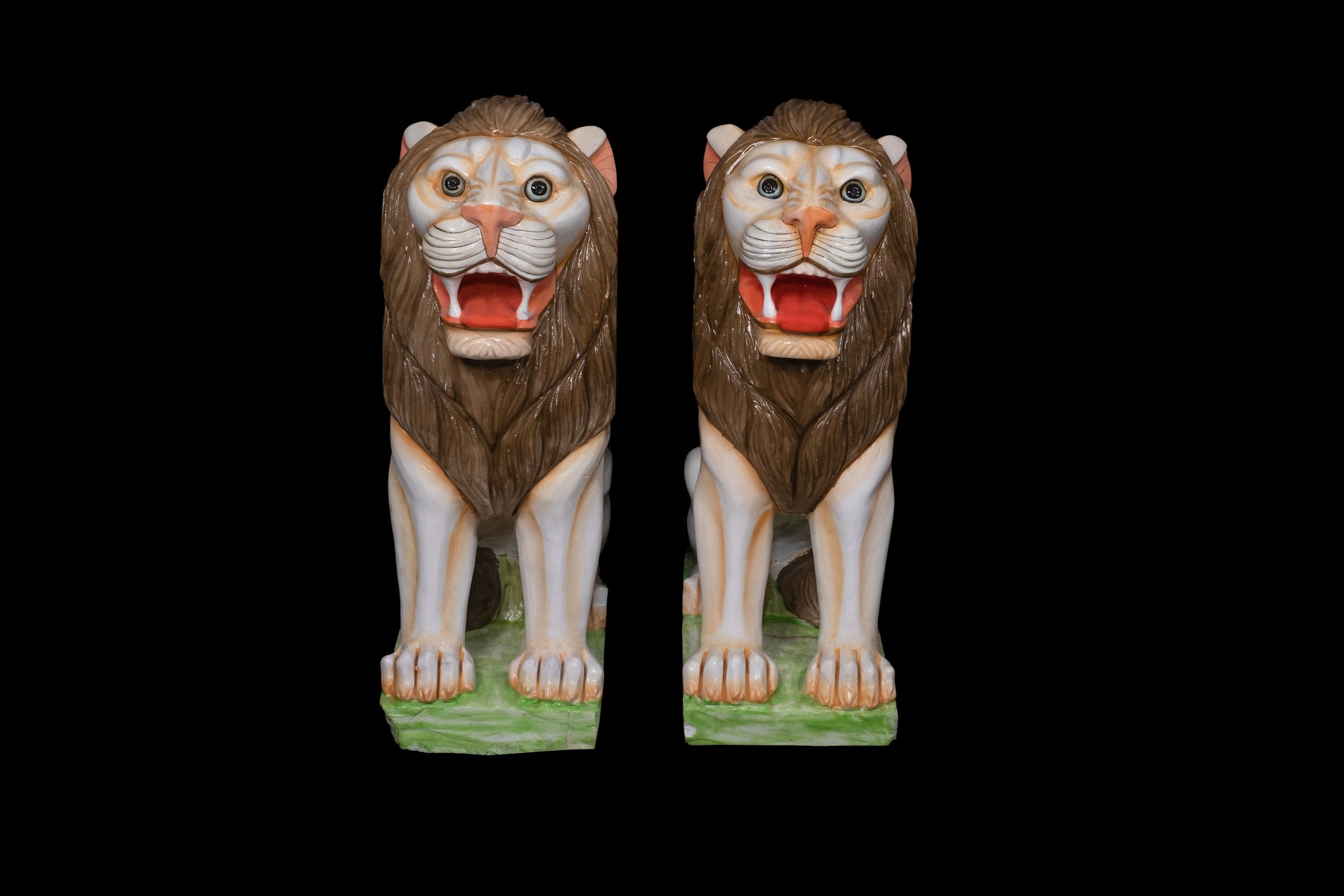 Two Marble Lion Pair Sitting in Green Base For Home Décor - 26 x 9 x 18inch