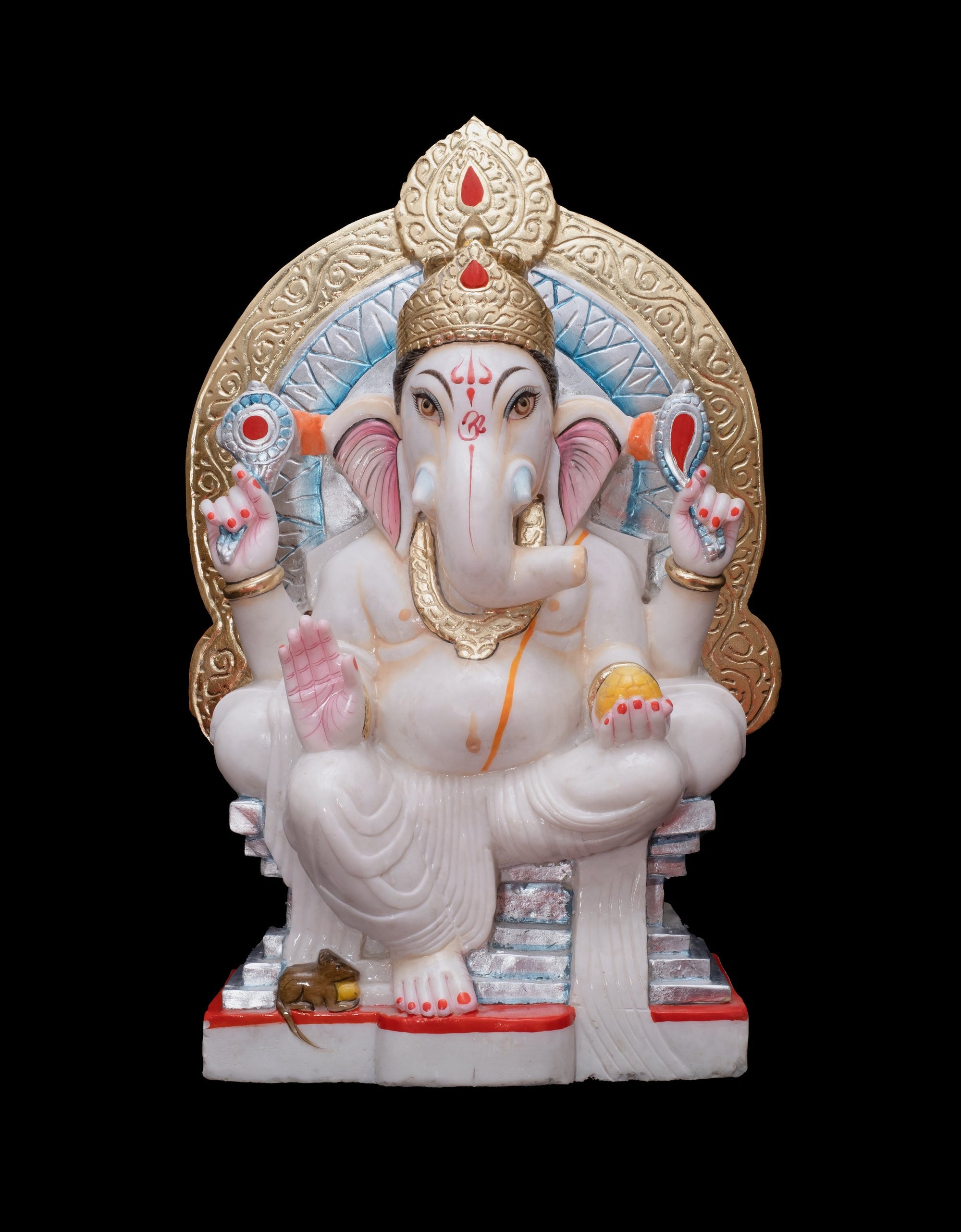 Handpainted Pure White Marble Framed Ganesh Statue For Temple - 30 x 16 x 8 inches