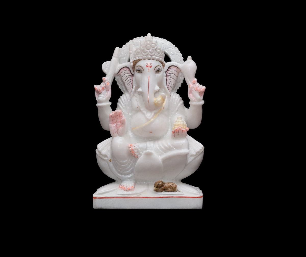 Marble Ghanesh Statue with Ladoo in Left Hand - 12 x 8 x 4 inches