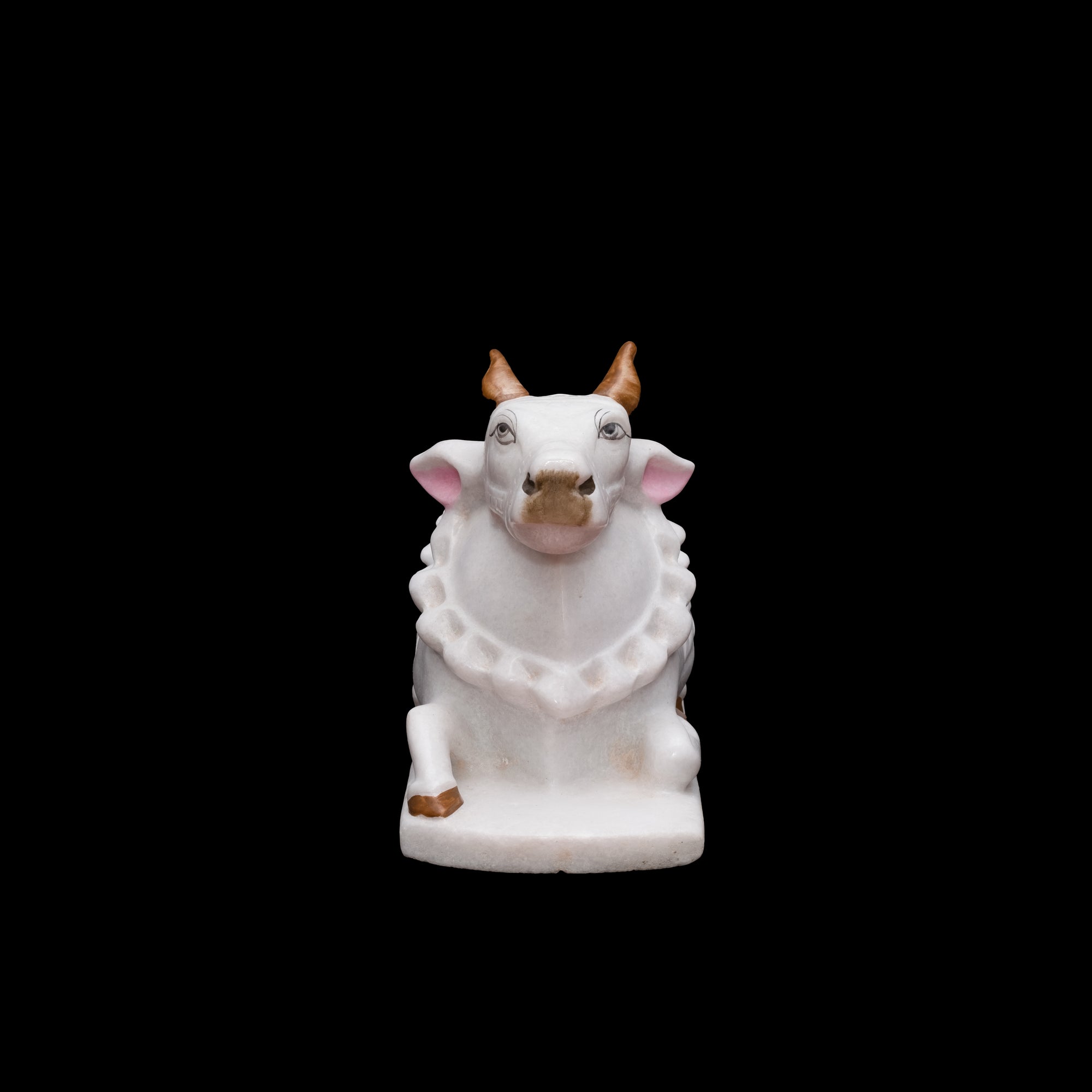 White Marble Nandi In Sitting Position Statue With Brown Color Horns - 9 x 12 x 5 inches