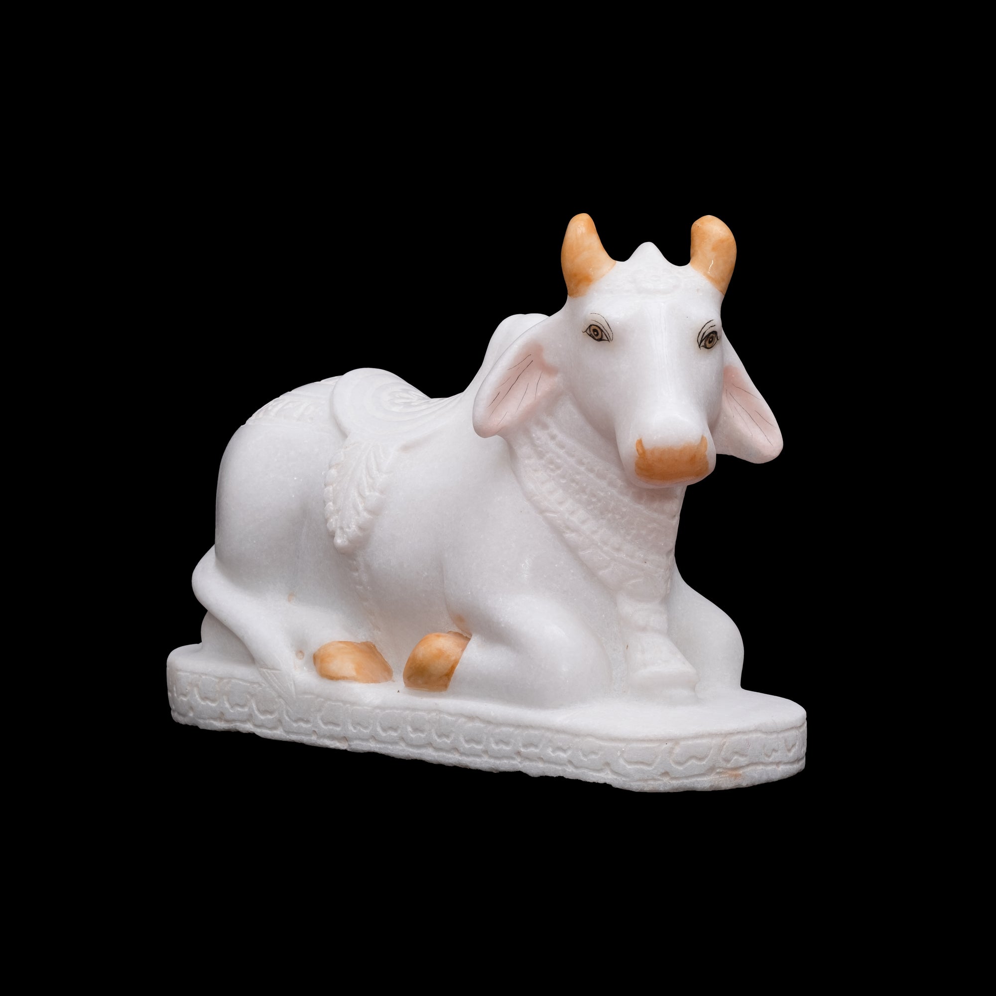 Sitting Marble Nandi in Sitting Position With Orange Color Horns - 11 x 15 x 6 inches