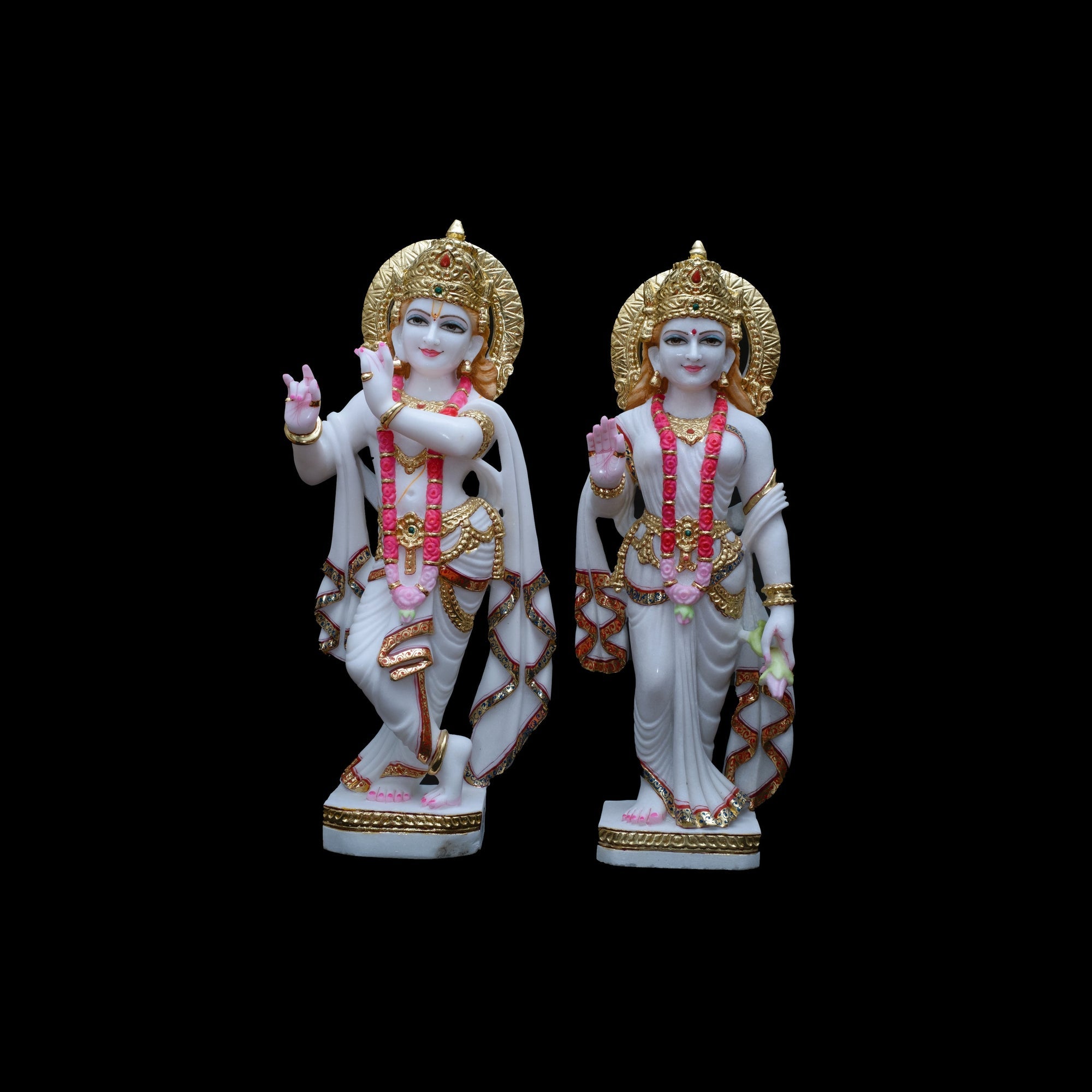 Marble Radha Krishna in Pink Maala and Gold Work - 36 x 14 x 7 inches