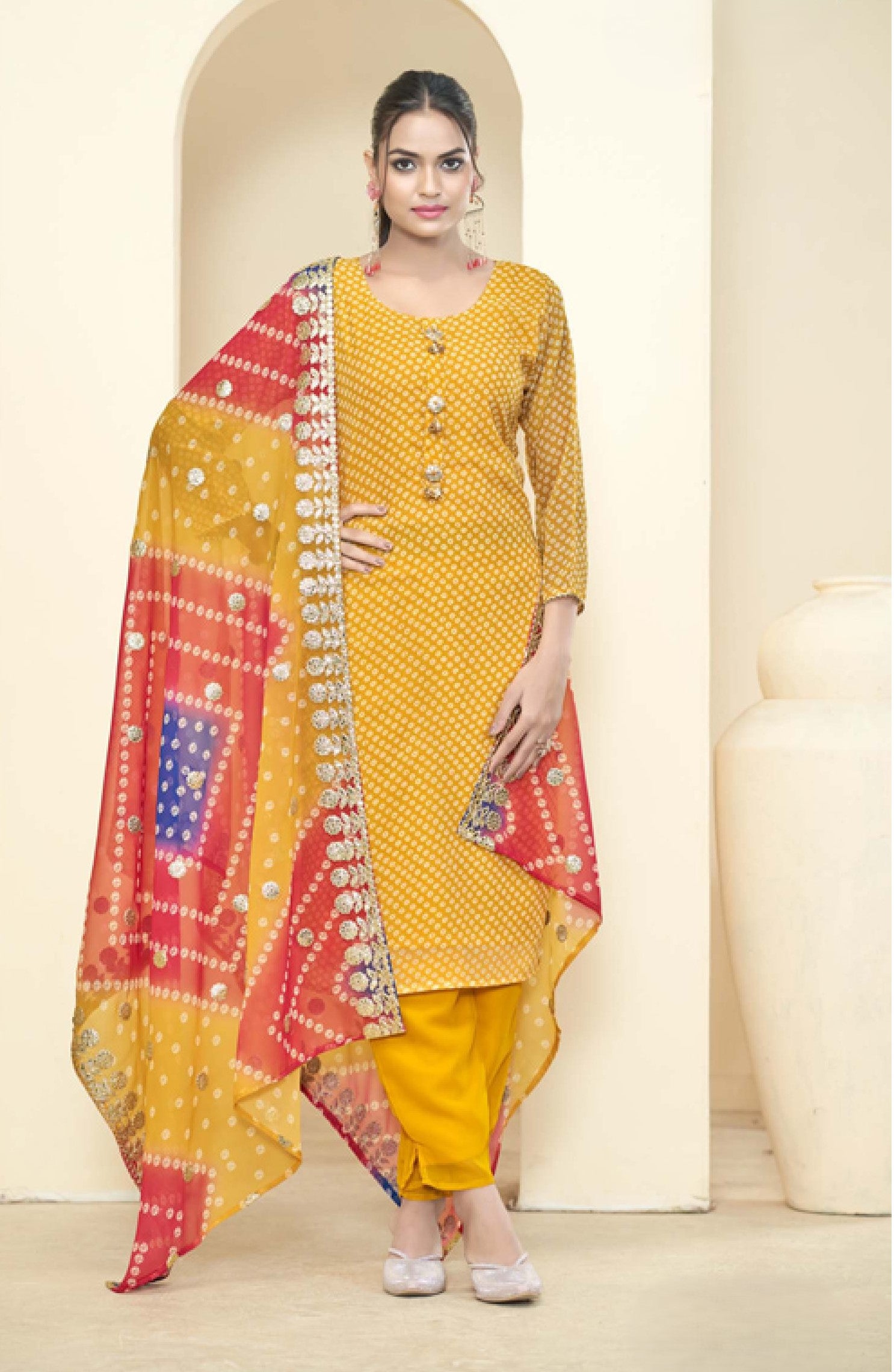 Bandhani Print Georgette Kurta and Dupatta with bottom | Ready To Wear| Pure Georgette |Delicate Hand Work on Kurta With Heavy Gotta Work on Four Side Dupatta