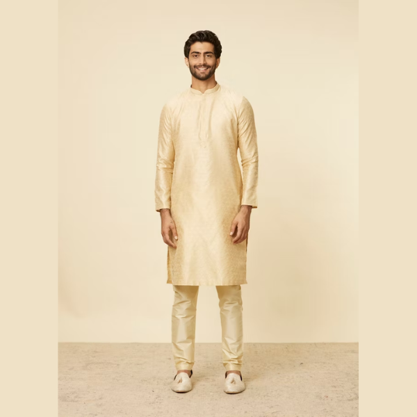 Manyawar Beige Grid Patterned Imperial Kurta Set - India shopping