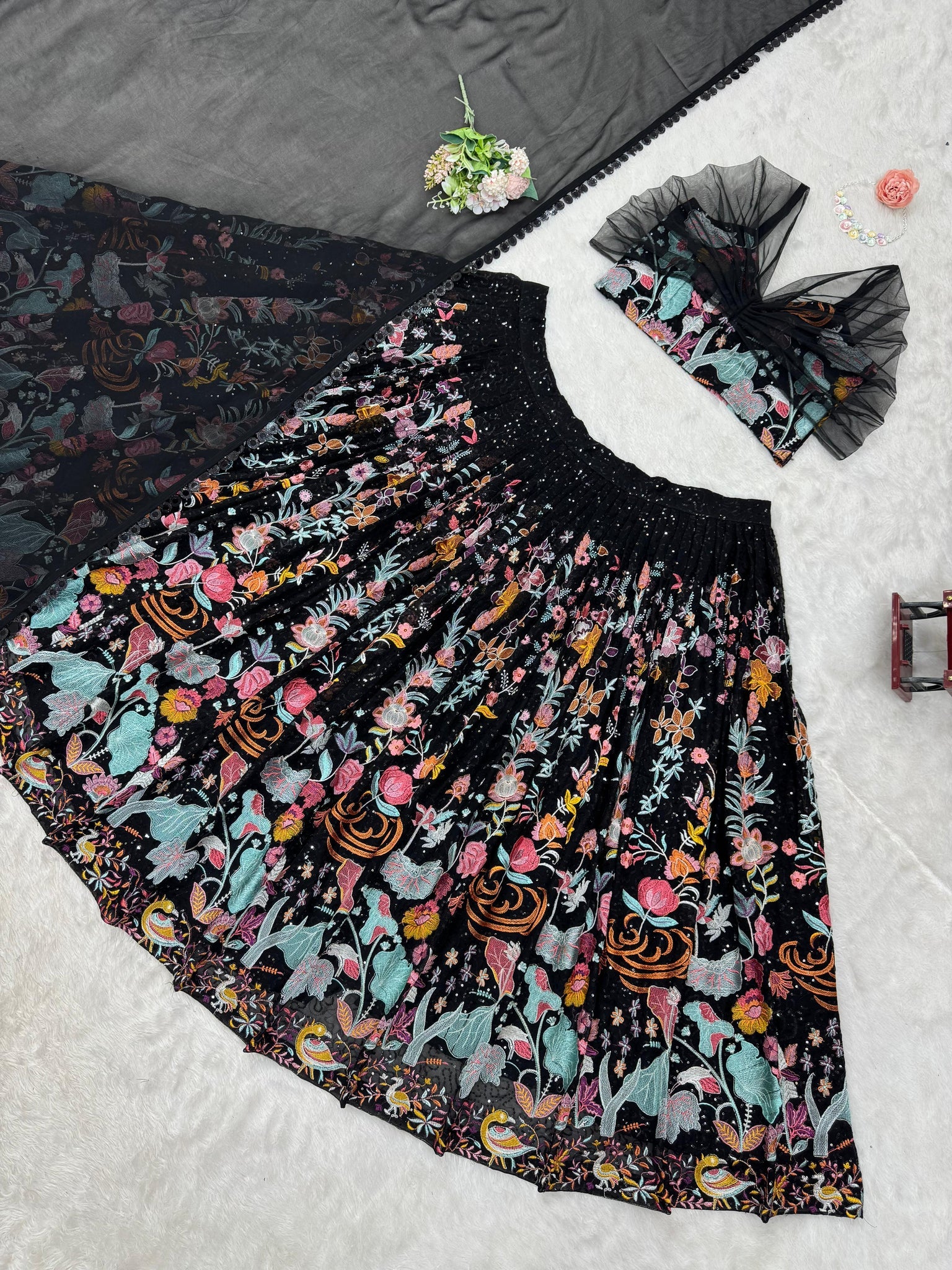 Black Georgette Multi Thread & Sequence Work Lehenga Choli | Ready To Wear