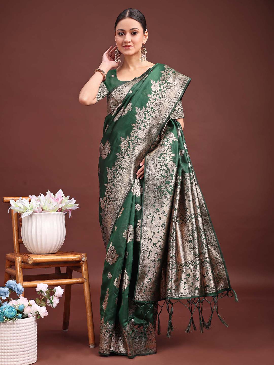 Latest Zari Zameen Saree | Dark Green Color| Ready To Wear                             SKU-ASSIL1001