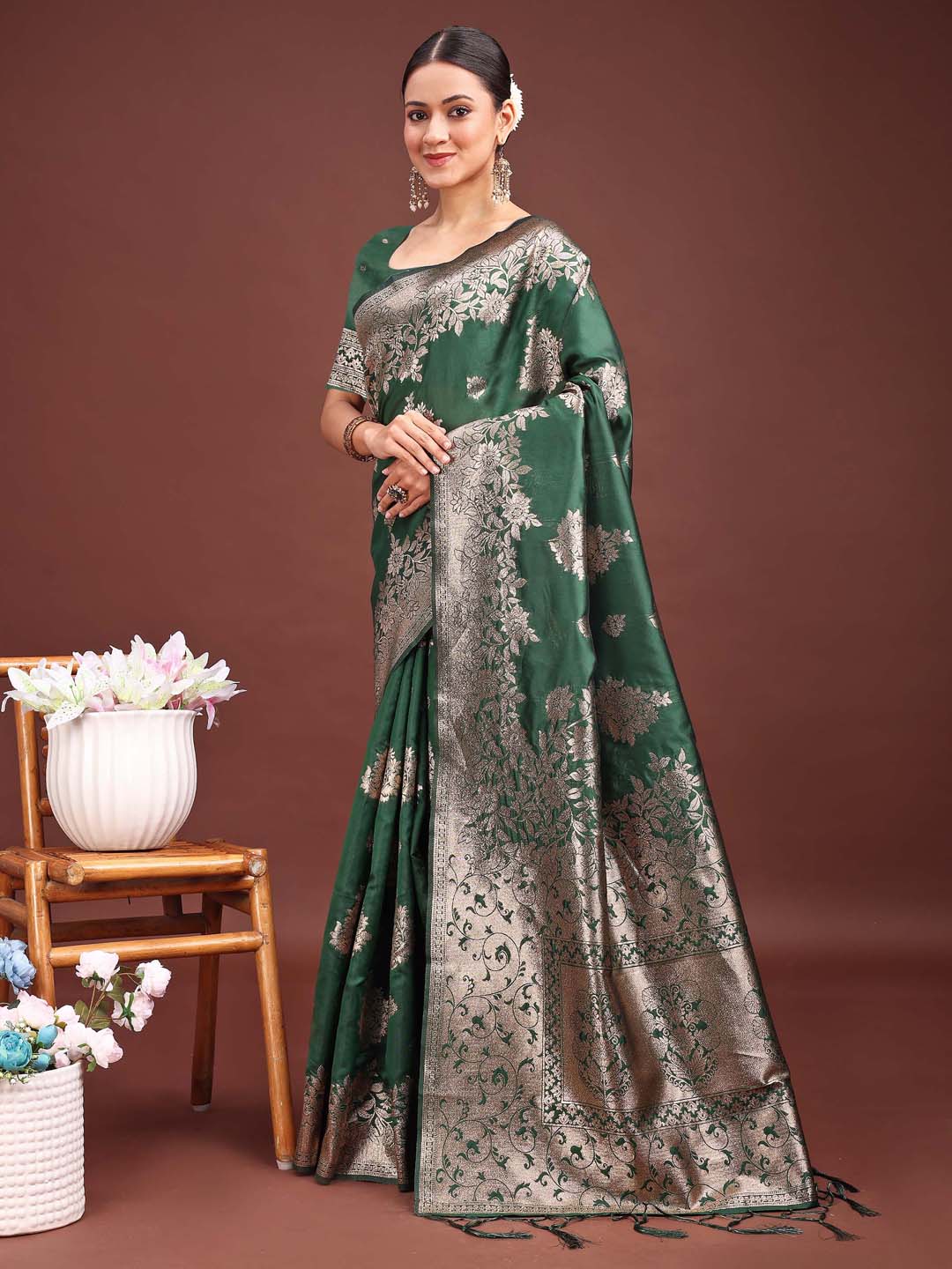 Latest Zari Zameen Saree | Dark Green Color| Ready To Wear                             SKU-ASSIL1001