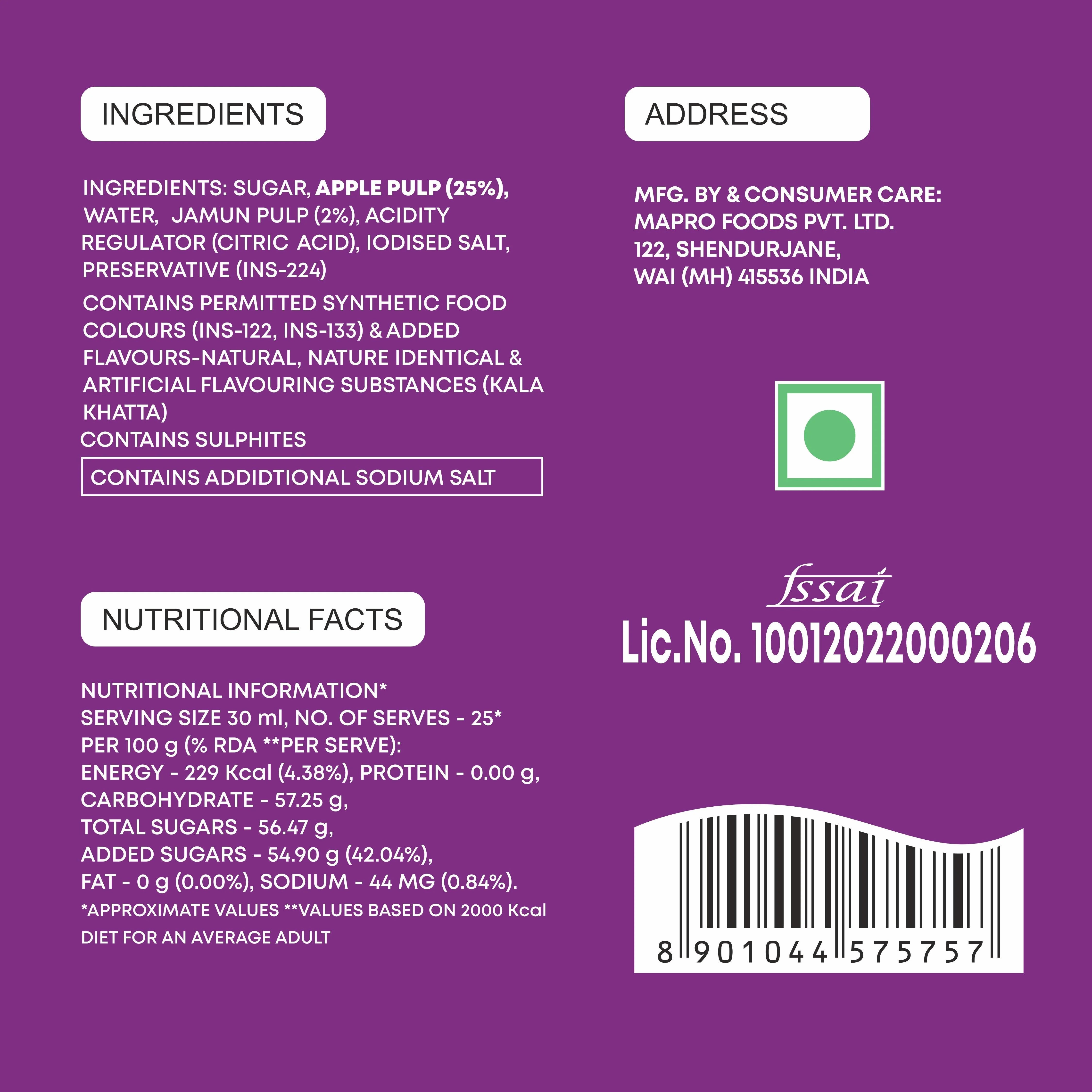 Mapro Kala Khatta Squash - 750 ml