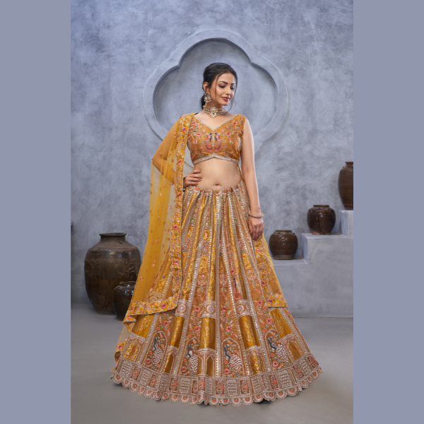 Latest Marvelous Mustard with  peacock Embroidered bridal lehenga | Ready To Wear