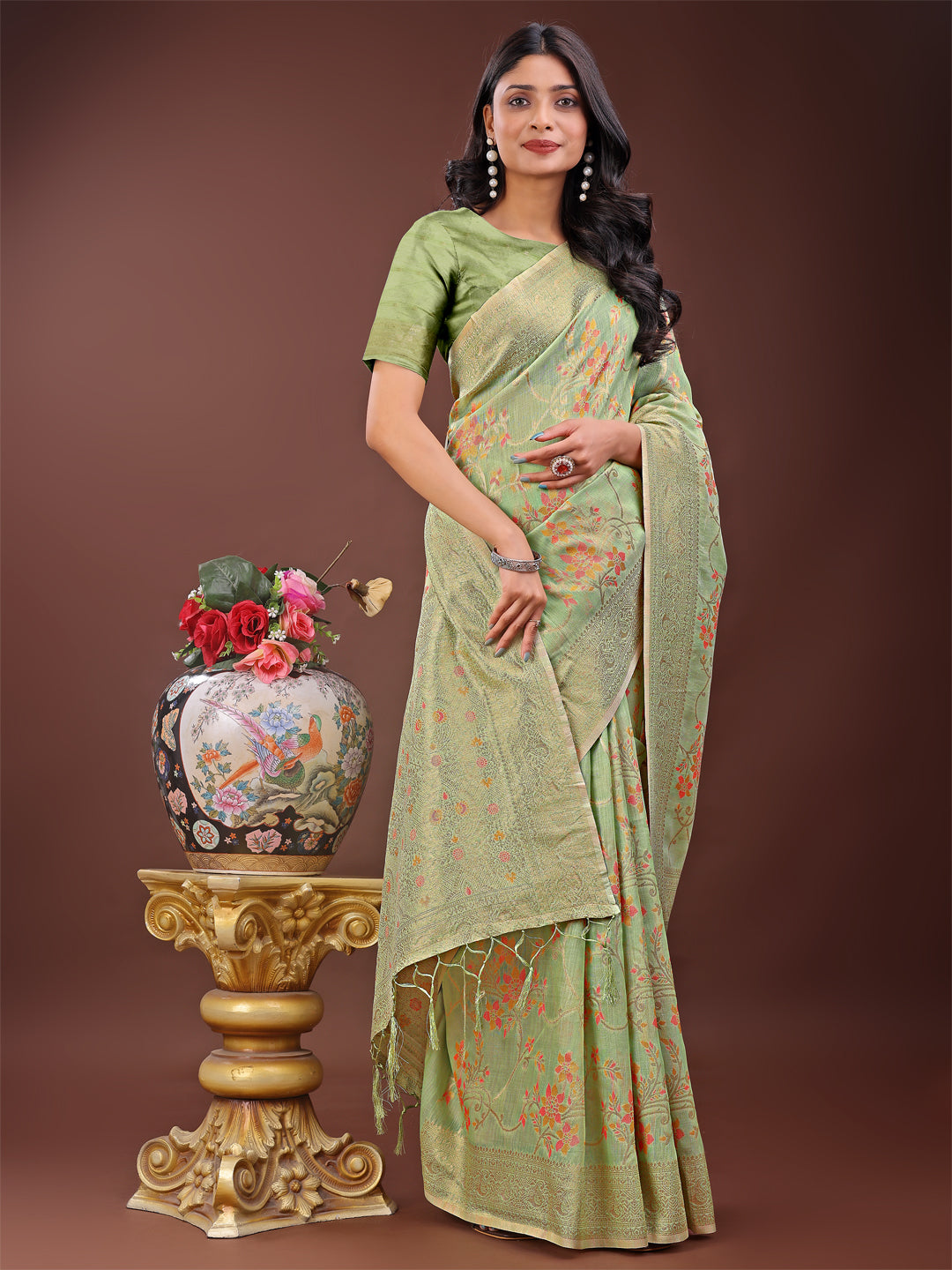 Latest Zari Zevar Saree | Light Green Color | Ready To Wear                           SKU-ASNAZ1006
