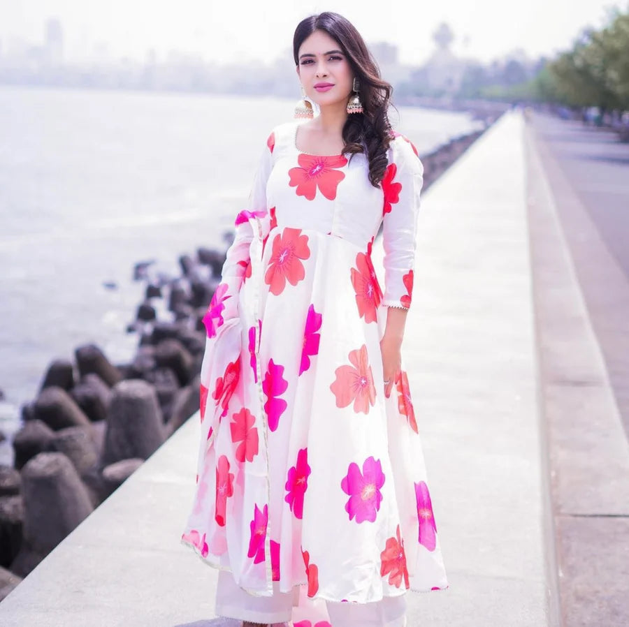 Carnation Off White Chanderi Silk Anarkali Set With Organza Dupatta | Ready to Wear