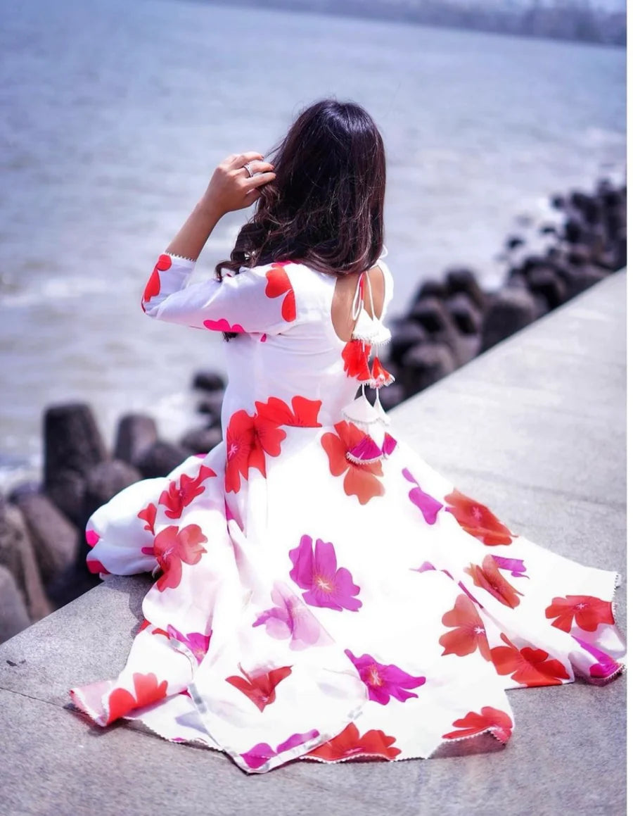 Carnation Off White Chanderi Silk Anarkali Set With Organza Dupatta | Ready to Wear