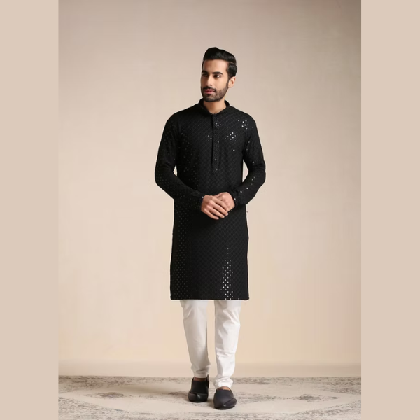 Manyawar Sequin Embellished Chikankari Kurta Set