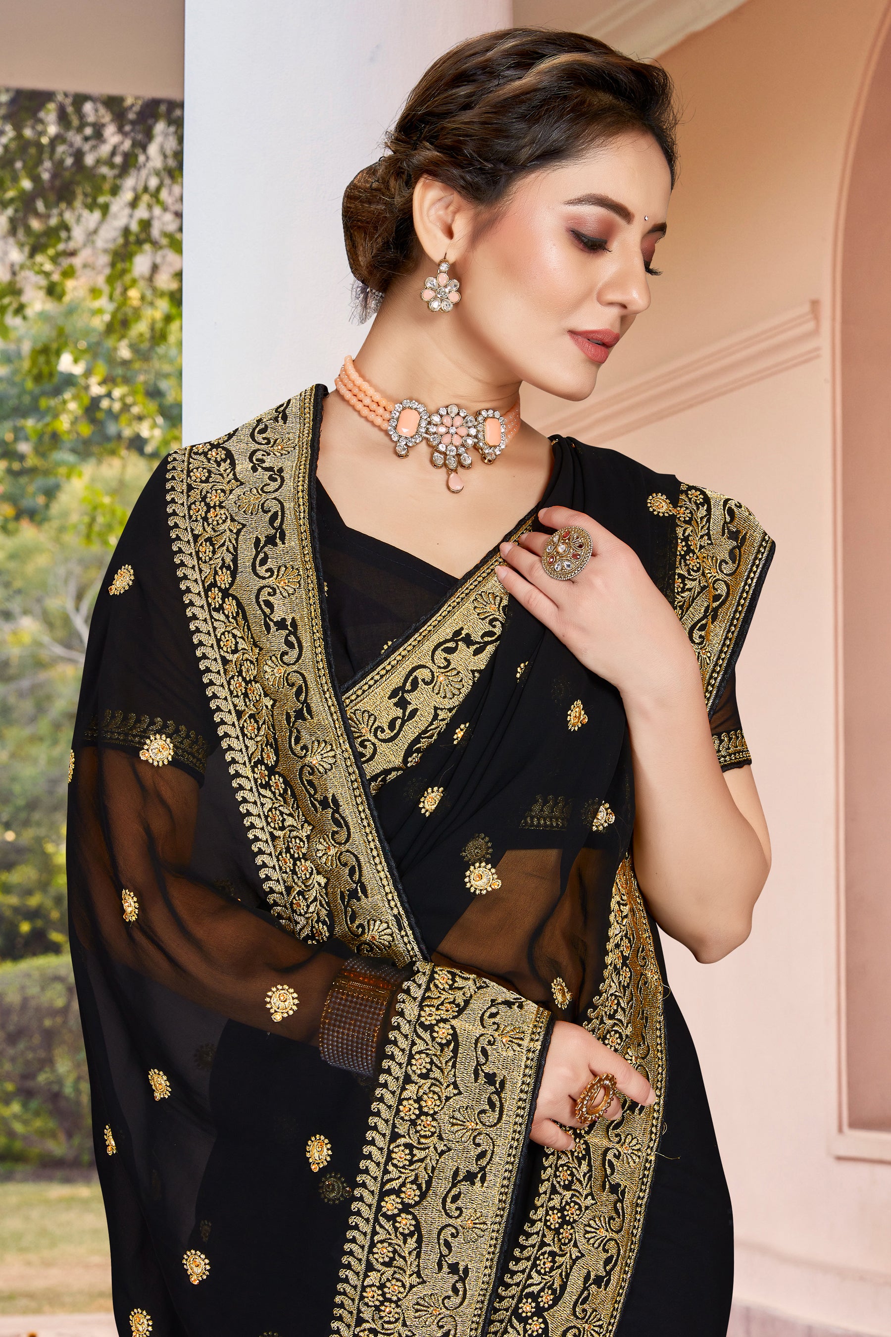 Black Heavy Jari Stone Work Ready-to-Wear Wedding Saree