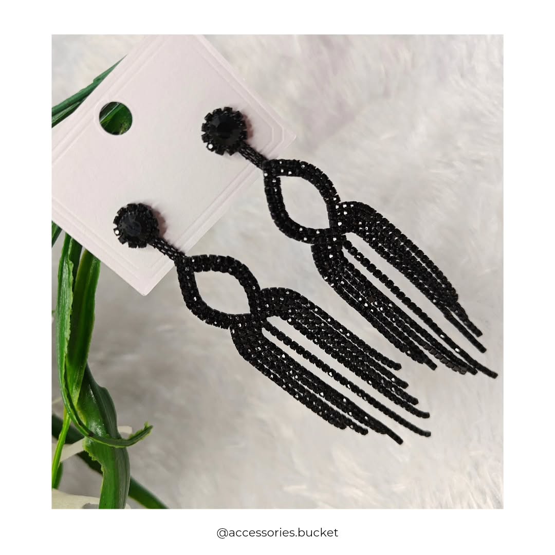 Black Stone Long Drop Earrings