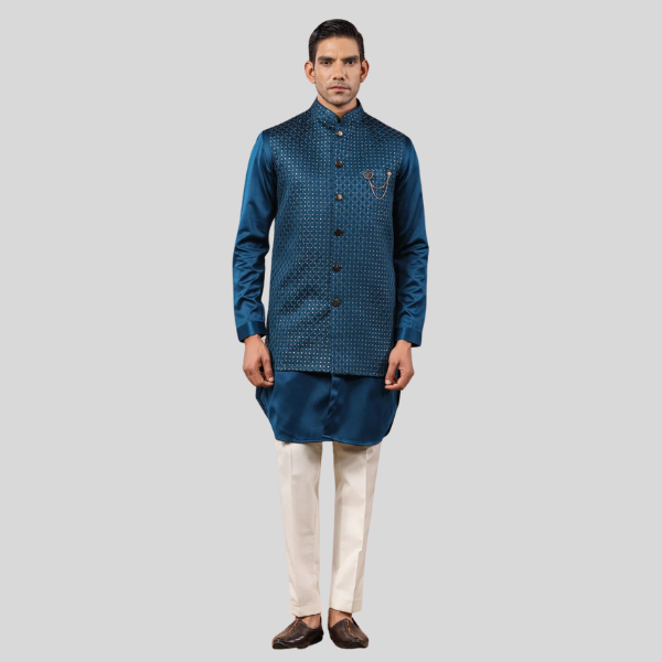 Blue Color Embroidery Long Jacket with Kurta Pajama