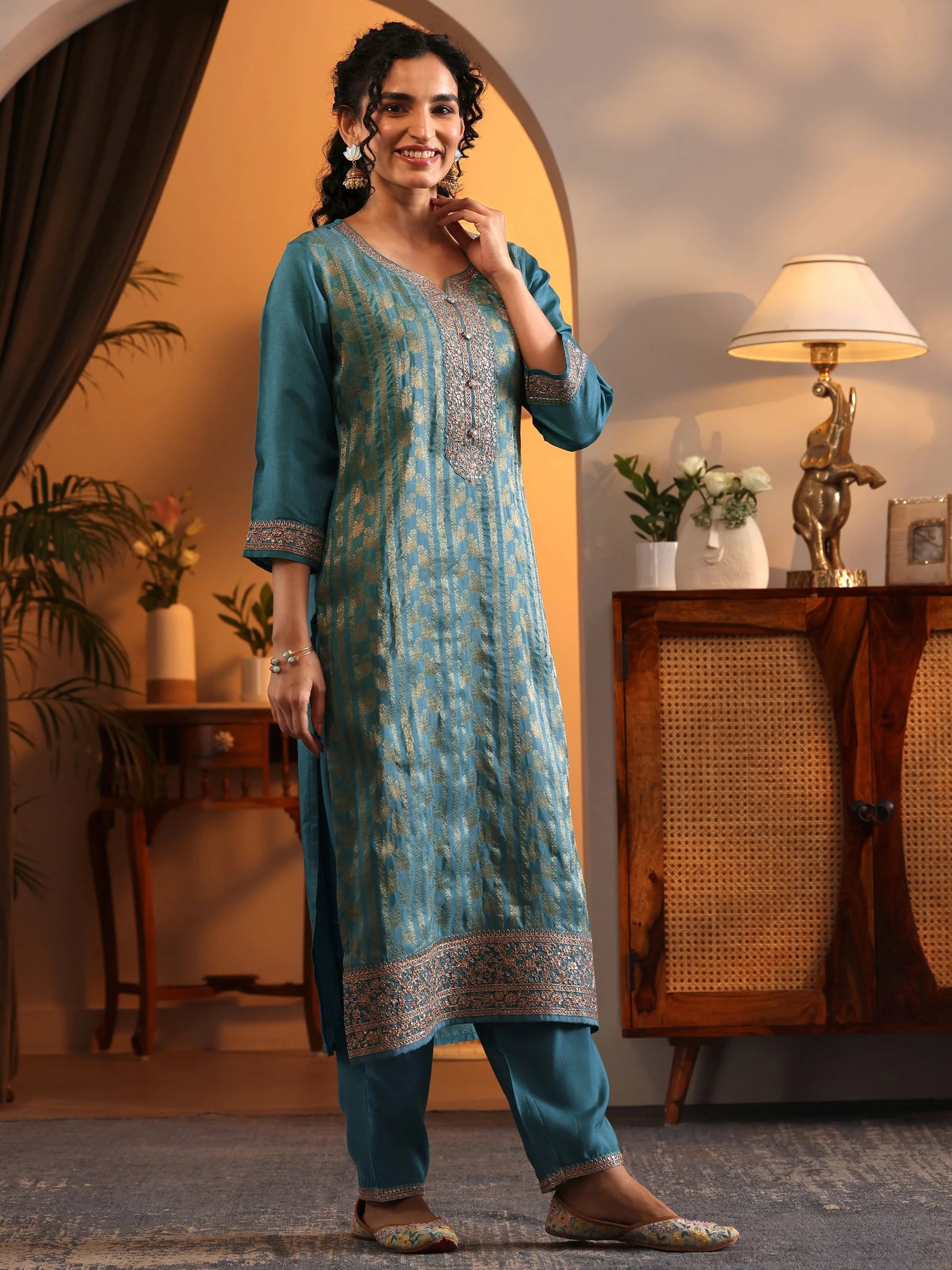 Blue Woven Design Silk Blend Straight Suit Set With Dupatta  | Ready to wear