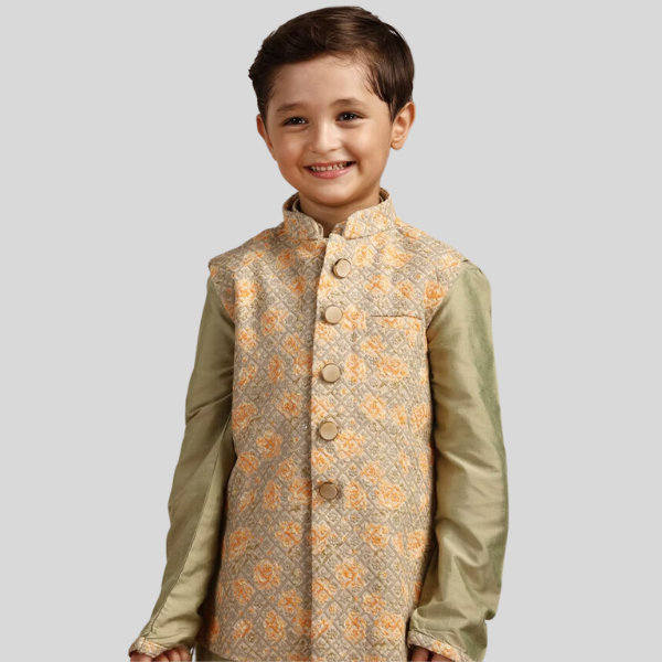 Boys Pistachio Green Kurta with Beige Floral Sequined Jacket