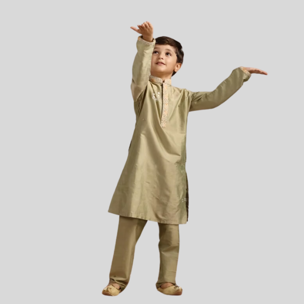 Boys Pistachio Green Kurta with Beige Floral Sequined Jacket