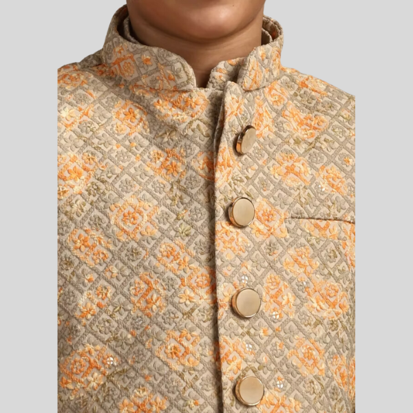 Boys Pistachio Green Kurta with Beige Floral Sequined Jacket