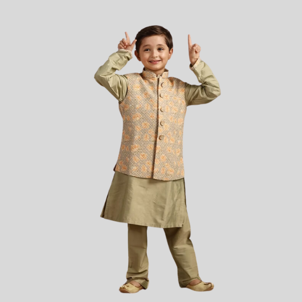 Boys Pistachio Green Kurta with Beige Floral Sequined Jacket