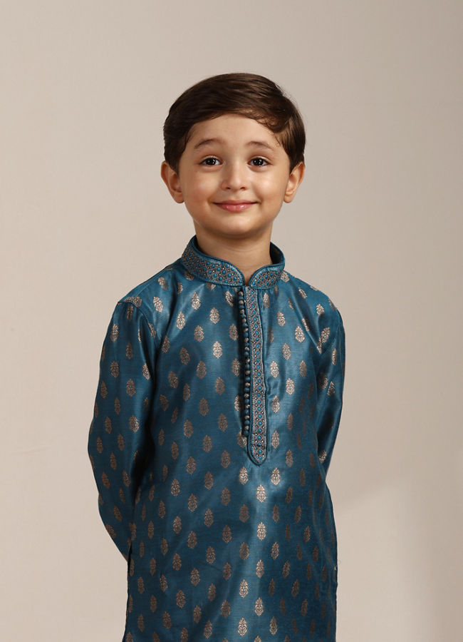 Manyavar-Boys-Azure-Blue-Buta-Printed-Kurta-Set