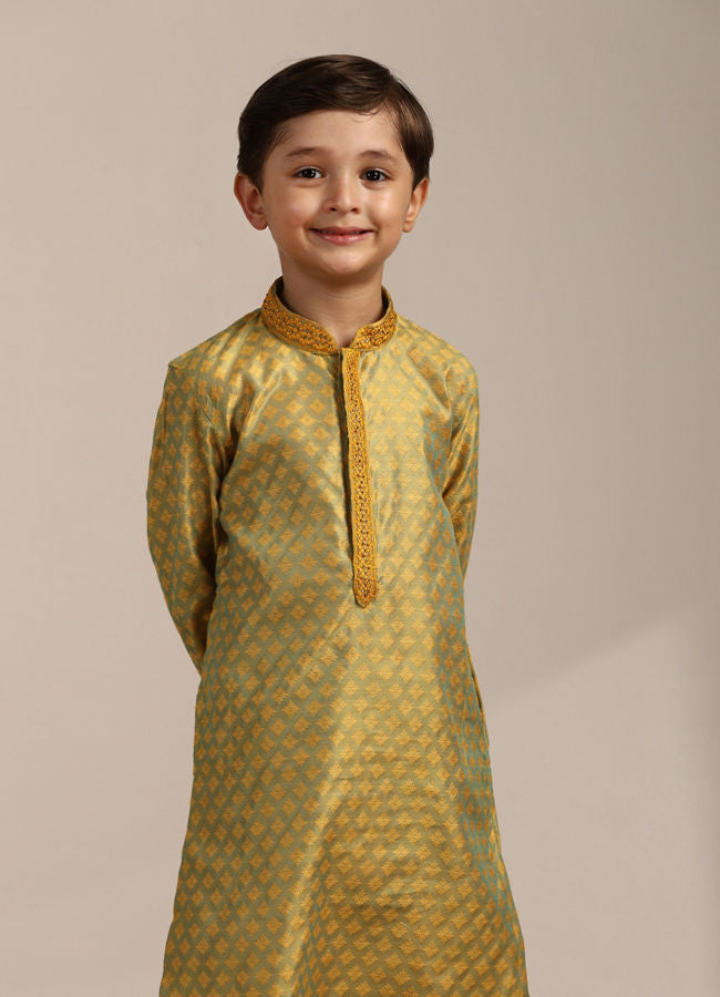 Manyavar-Boys-Amber-Yellow-Floral-Patterned-Kurta-Set