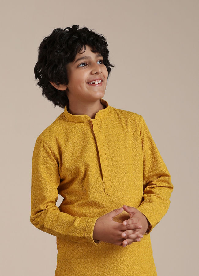 Manyavar Boy Mustard Cotton Chikankari Thread Work Kurta Set