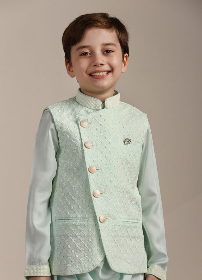 Manyavar-Boys-Aqua-Blue-Ogee-Patterned-Angrakha-Style-Kurta-jacket-Set