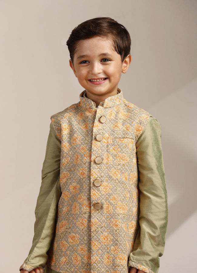 Manyavar-Boys-Pistachio-Green-Kurta-with-Beige-Floral-Sequined-Jacket